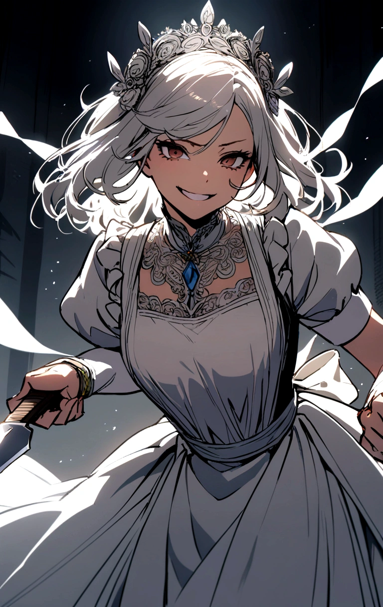 A woman wearing a white apron holding a knife with a manic smile. 