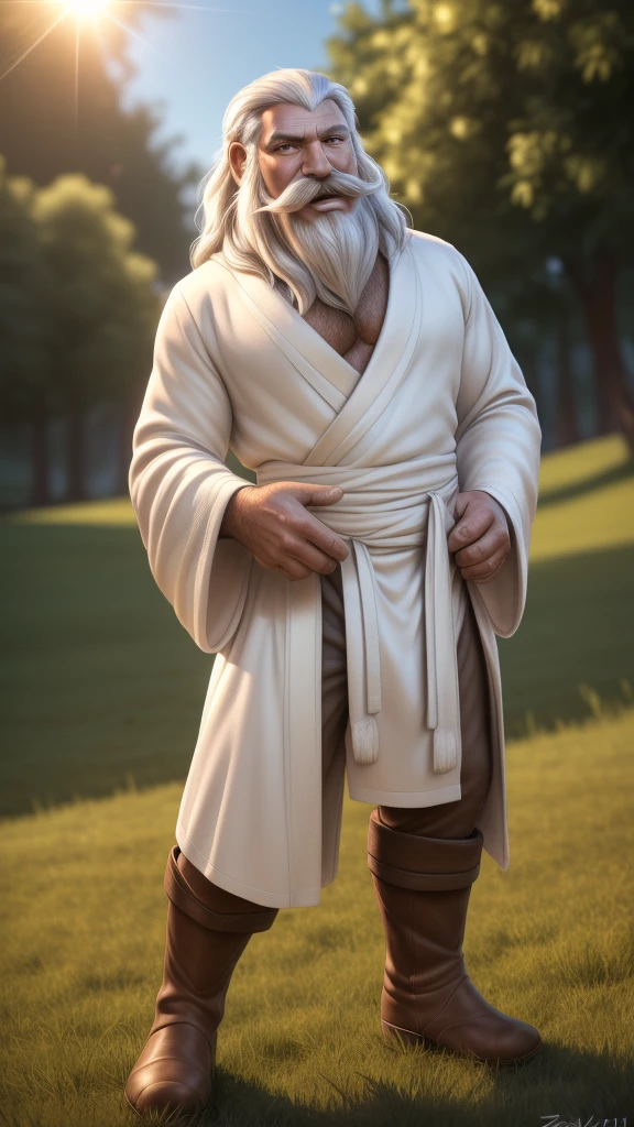 Gandalf, (pose:Full Body Shot), (posing:Full Body Shot), (soft shading), (((4k, hi res, Ray tracing))), (((five fingers, detailed hands))), ((detailed face, (detailed eyes:1.0), detailed)), by zackarry911, by zaush, (by personalami:0.5), looking at viewer, (((happy,flirting eyes))), (((old and wise))), (((Highly detailed hair))), standing,(((standing))),((( Mustache,beard))) ,male focus, white hair, (((handsome))), nature, // ((human)),(((white Robe, brown longpant, brown boot))),((Human, looking at viewer)),((grassy field background, lens blur, lens flare)),
