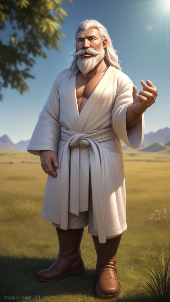 Gandalf, (pose:Full Body Shot), (posing:Full Body Shot), (soft shading), (((4k, hi res, Ray tracing))), (((five fingers, detailed hands))), ((detailed face, (detailed eyes:1.0), detailed)), by zackarry911, by zaush, (by personalami:0.5), looking at viewer, (((happy,flirting eyes))), (((old and wise))), (((Highly detailed hair))), standing,(((standing))),((( Mustache,beard))) ,male focus, white hair, (((handsome))), nature, // ((human)),(((white Robe, brown longpant, brown boot))),((Human, looking at viewer)),((grassy field background, lens blur, lens flare)),
