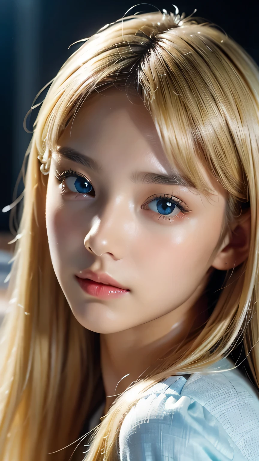 Dressed、(Photorealistic:1.4)、(ハイパーRealistic:1.4)、(Realistic:1.3)、(Smooth lighting:1.05)、(Improved cinematic lighting quality:0.9)、32k、1 Girl、A beautiful woman、Very cute expression、A beautiful  blonde girl、bangs that fall on the face、Bangs left over the eyeessy bangs between the eyes and nose、Realistic top lighting、Backlight、Face Light、Super long silky platinum hair、Blonde rays、(Bright light:1.2)、(quality improvement:1.4)、(Highest quality realistic textured skin:1.4)、Very beautiful, detailed, shiny, very bright, mint blue, large eyes、Very big eyes、Detailed face、A careful eye for quality、(Tired, sleepy and satisfied: 0.0)、Face close up、T-Shirts、(Enhances the body line:1.1)、(Enhances the beauty of skin texture:1.1)、Cheek gloss highlighter、Small Face Beauty、Round face