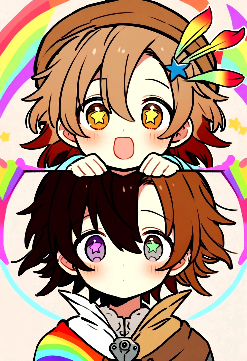 a male ish anime boy with black and brown stripped hair colors, his bang is covered his forehead and he has a messy styled hair, and there's normal and star shaped hairpin on his hair he wears white and brown colored soft hat and on his hat there's a rainbow feather plugged in his hat, he has grey colered eyes with some stars mark on his eyes he has sweet face and cute mouth. Erase the rainbow on the background and on the cloth
