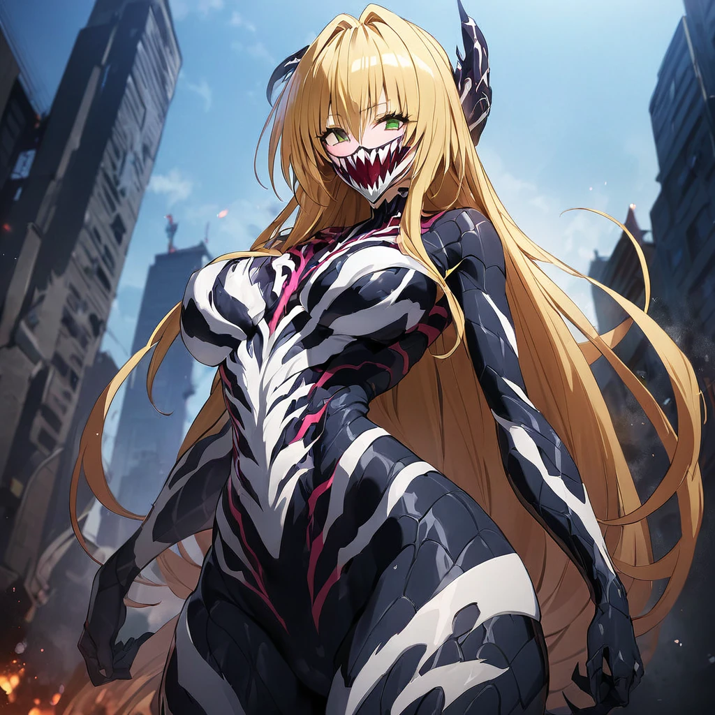 ((Highest quality)), ((masterpiece)), (detailed), (Perfect Face)、The female Venom is Tearju, a green-eyed, blonde, medium-long-haired female Venom, whose body has been completely transformed into Venom, wearing a Venom suit that fits her whole body and a Venom full-face mask.