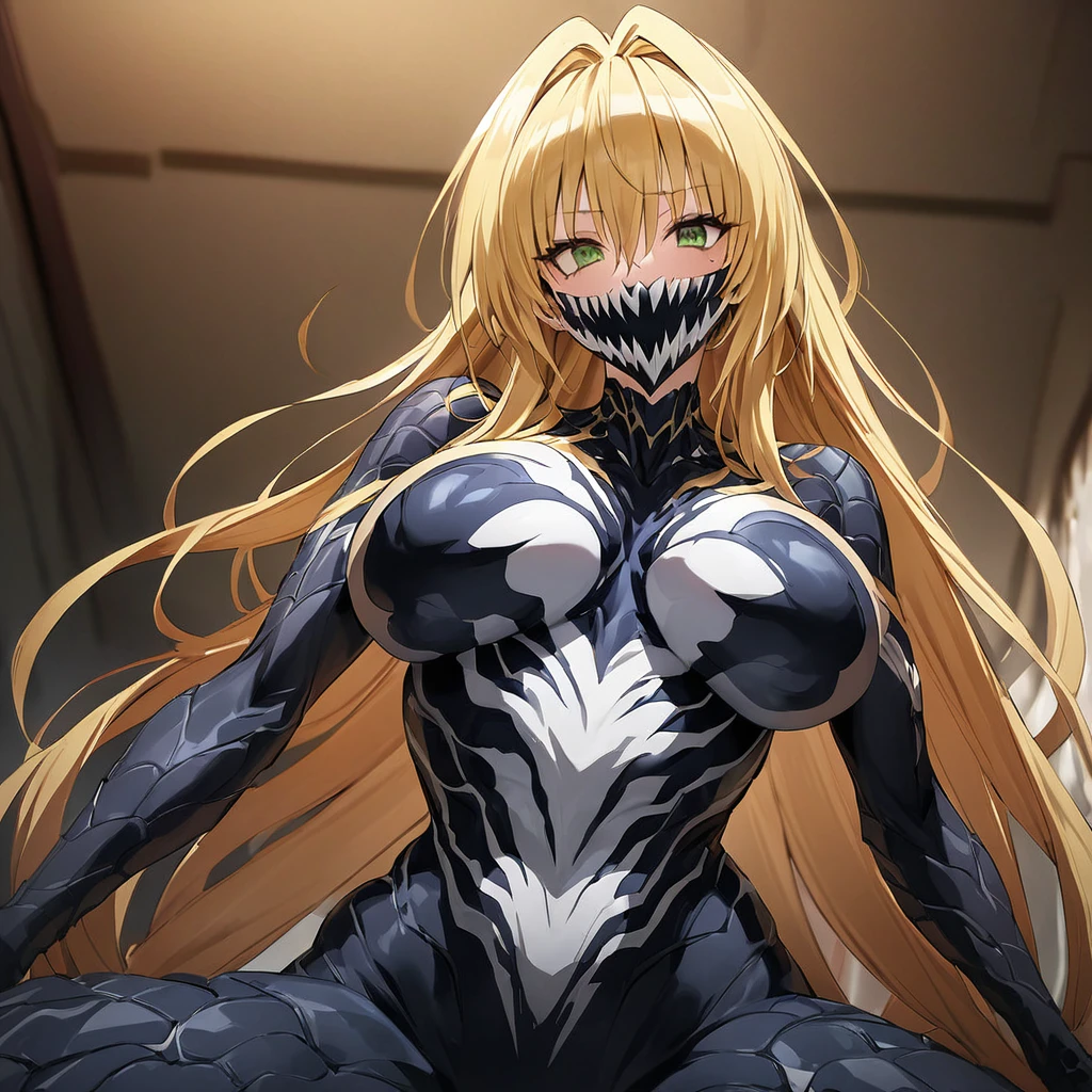((Highest quality)), ((masterpiece)), (detailed), (Perfect Face)、The female Venom is Tearju, a green-eyed, blonde, medium-long-haired female Venom, whose body has been completely transformed into Venom, wearing a Venom suit that fits her whole body and a Venom full-face mask.