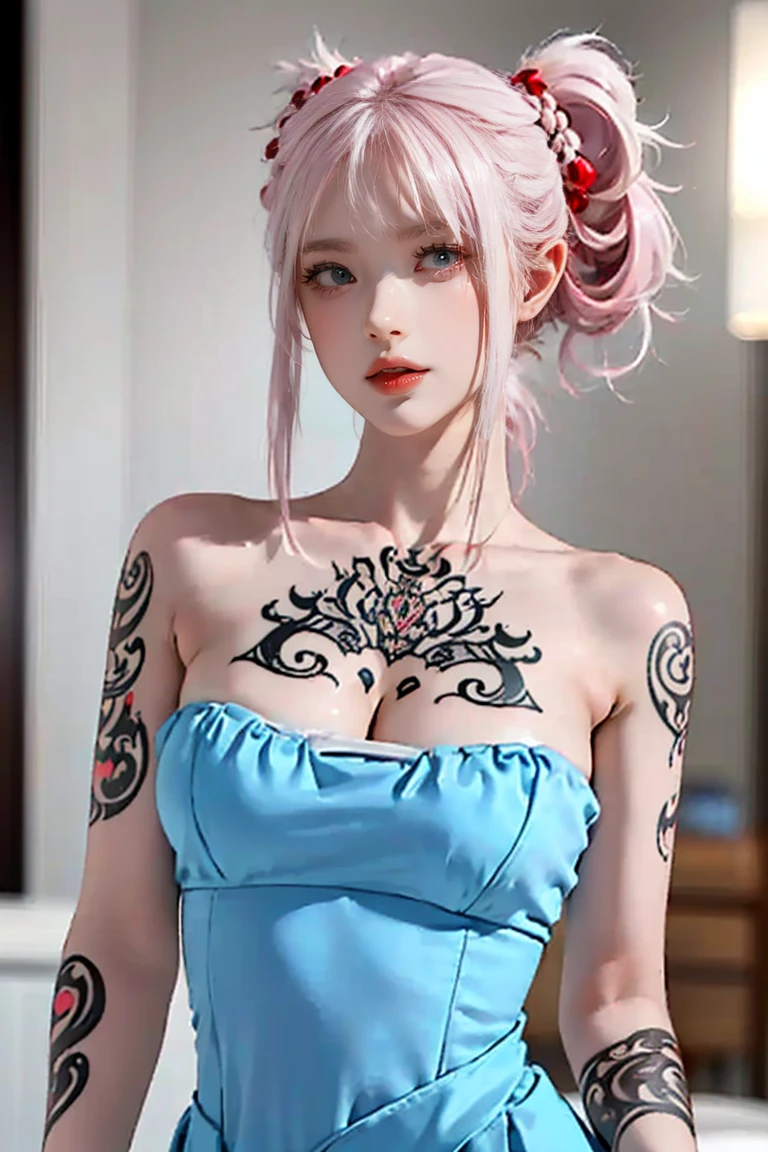 (Chest puffing pose),(Random Hairstyles),(Best image quality,(8K),Ultra-realistic,最high quality, high quality, High resolution, high quality,Attention to detail, White-pink hair, blue eyes, Red dress,(((Tight waist))), ((Big Breasts)),(See-through),(((He has many tattoos all over his body)),NSFW