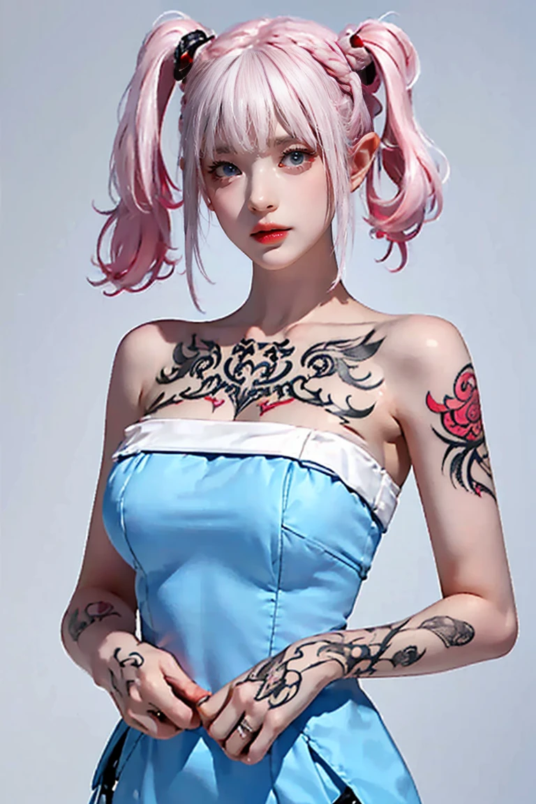 young woman, short shoulder-length pink hair, wide forehead, porcelain skin, pink eyebrows, big emerald green eyes, buttoned nose, full lips, heart-shaped face, slender body, small breasts, red tank top, Sakura Haruno , realistic, realism, details, 3d, well detailed