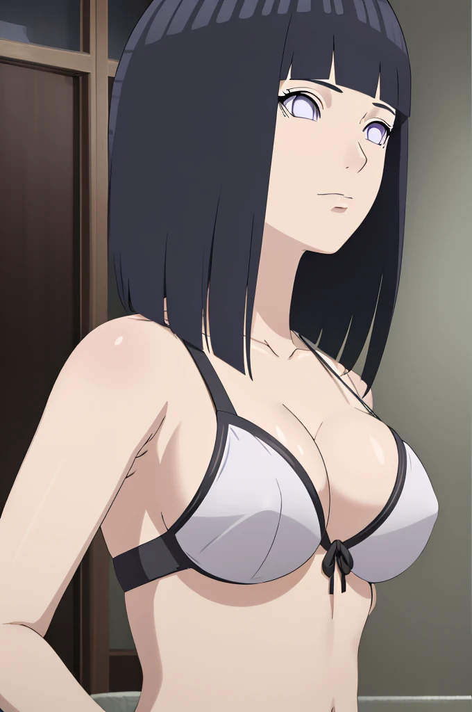 masterpiece, (intricate details), (colorful),cinematic lighting,extremely detailed CG unity 8k wallpaper ,hinata\(boruto\), 1girl,solo, large breasts, (hinata, hyuuga hinata, purple eyes, blunt bangs, black hair) big breasts, perfect breasts, large breasts, round breasts, sexy body, black bra, cleavage, bare shoulders, collarbone, underboob, white bikini, bikini, swimsuit, small bikini, plain background, close up shot, portrait, upper body shot, headshot, white backdrop, perfect eyes, glowing eyes, beautiful eyes, black background, simple background, no background , 