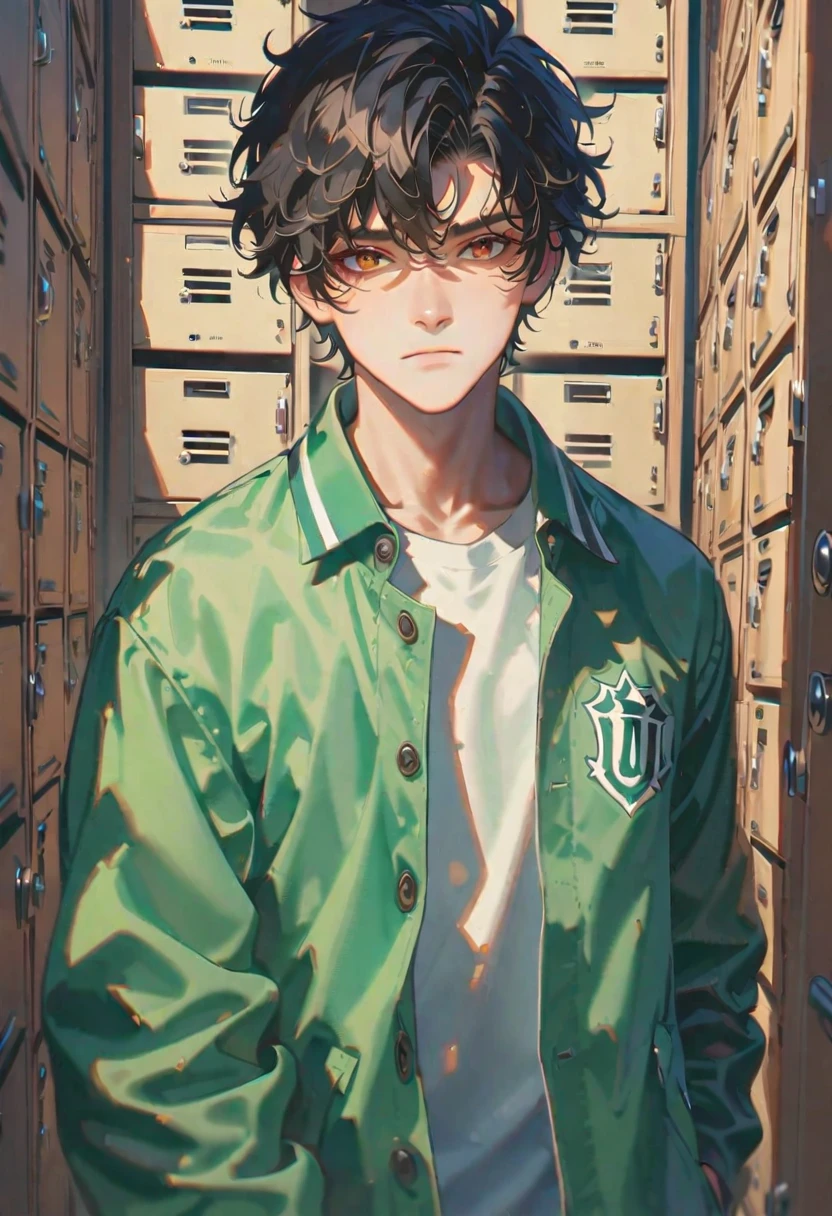 style 9, 1 boy, black hair, brown eyes, green university jacket, loaded with some lockers
