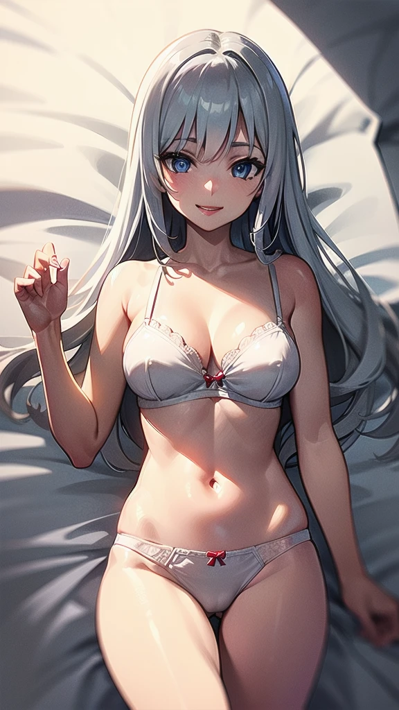 masterpiece, best quality, whole body, 1 solo girl, silver hair, blue eyes, long hair, medium breasts, mature body and face, wavy hair, smile, red lips, bare shoulders, cleavage, white lingerie, white bra, white panties, open stomach, bed, leg up sexy pose, cowboy shots, detailed body, face, and eyes, sharp focus, vibrant, creative, dynamic, high definition, high resolution, 8k, (Upscale: R-ESRGAN 4x+ Anime6mage enchance:4x), voluptuous body, cinema lightning, dakimakura style, looking at the viewer,