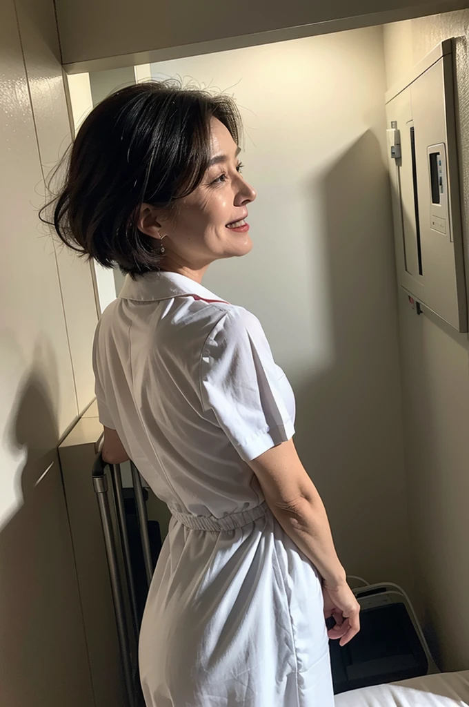 (masterpiece:1.4),(((Shooting from directly below the back))), (55 year old woman :1.5),(Facial wrinkles:1.2), (looking aside : 1.3), (very short hair : 1), A kind smile,Maternal, (Mature Woman : 1.2), old, Elderly, {(nurse), (long dress : 1.4), (Collared dress:1.1), (Short sleeve), (White Dress)}, wide hips, ass protruding, view from behind, freckled skin, Pale skin, To the hospital, operating room, Hospital beds