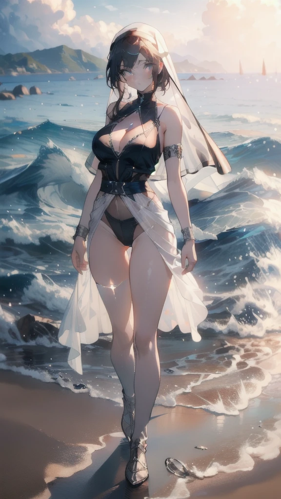 ((masterpiece, best quality)), Epic battlefield atmosphere,Delicate face,nun,seaside,Beach,whole body,Standing picture,glowing white eyes,Large Breasts,Perfect body proportions,Pure white background,firefly,Transparent sexy lingerie
