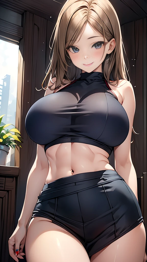((Highest quality、、masterpiece:1.3)), Upper Body、Long legs、Sharp focus:1.2, Beautiful woman with perfect figure:1.4, Slim Abs:1.1、((Big Breasts:1.2)), (Big Breasts、Soft looking big ass、Tight waist、Smiling:1.2), Face and skin texture crafted to the smallest detail、Fine-grained、double eyelid、25-year-old female、sexy