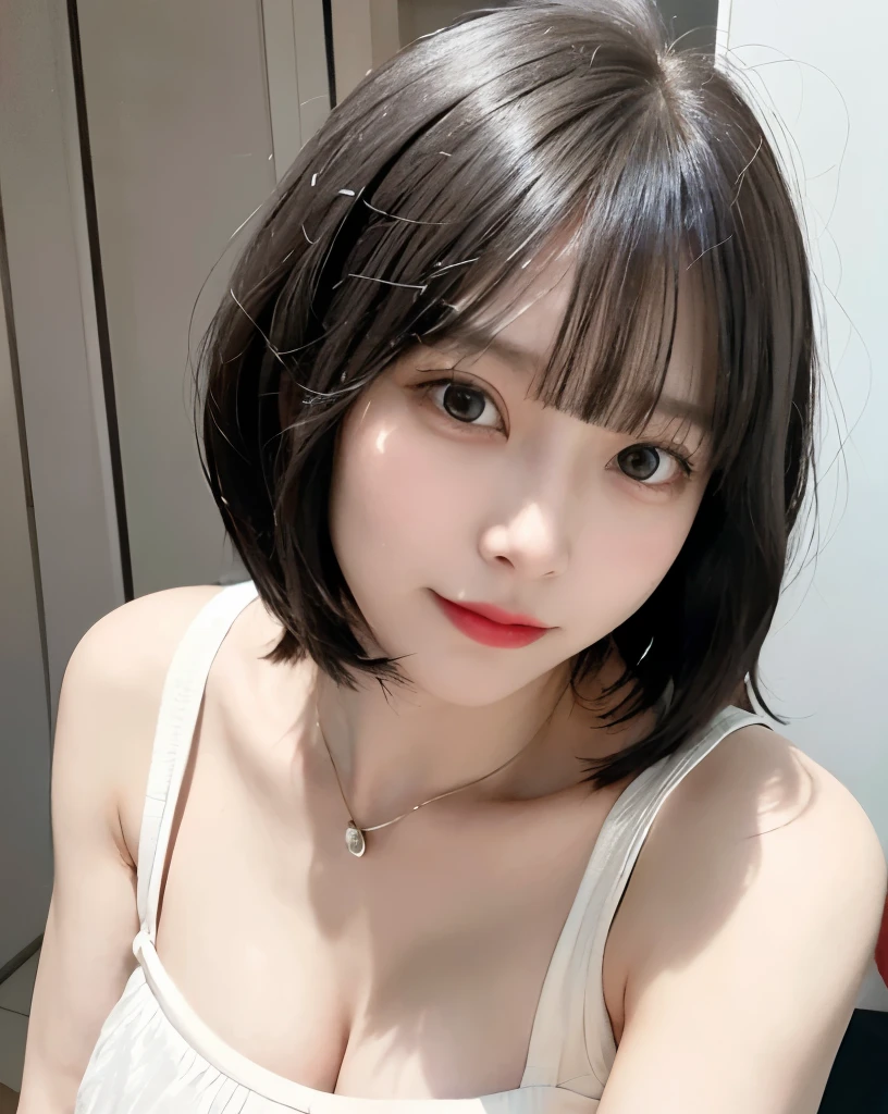 masterpiece, Highest quality, Ultra-high resolution, (Realistic photos: 1.4), ((1 Girl, Pale skin: 1.4, Kneel,  Face close-up, 28 years old, cute, cute, Black Hair, Bob_cut, short hair:1.6, Big Breasts: 1.6)) (lingerie: 1.3, シンプルなGrey hoodie， Loungewear,Short sweatpants,（ 、(Portraits of famous actresses of Japan), (smile, Happy, Joyful, Hilarious, shut up.), (Chest in arms、It emphasizes the cleavage.、Slightly broad shoulders), High resolution eyes, Truly pure white background, Beautiful long neck, bangs, eyelash, Big eyes、Her Room、so beautiful、Grey hoodie，Loungewear，Girlfriend feeling，whole body