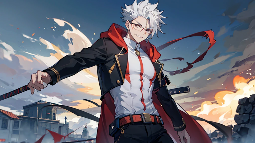 Perfect anatomy and highly detailed face, Delicate depiction of the eyes, Accurate drawing, Beautiful Hair, Detailed Background, Edgy, Depiction of a single male human in combat, The subject is only one man in his late 20s., Red hoodie and black pants, Warm, loose-fitting clothing, , A casual fashion style where you wrap your jacket around your waist, Tanned or deep brown skin, Her distinctive white or silver hair is tied in a short ponytail., He wears his distinctive trademark thick black-rimmed glasses., Modest earrings, Mafia with a cynical smile, A Villain with a Very Deep Wound, A sarcastic man with a malicious smile, A young man with narrowed eyes smiling, I have inner loneliness, Deep down, I feel like life is hard, Jealousy and envy towards successful people, The insight and resignation that come from hard work and failure, Perverse Desperation, Sword in a sheath, A mercenary with a scimitar on his belt, Wielder of a sheathed sabre, The scene of a large-scale indiscriminate terrorist attack, Burning and collapsing building,
