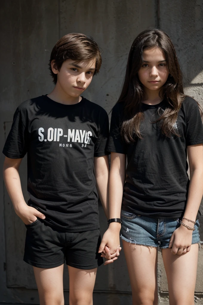 an 11-year-old teenage boy and an 11-year-old teenage girl, both holding hands and with a black bracelet on their arm, holding hands and wearing a black t-shirt. arm should be well against the other arm.
