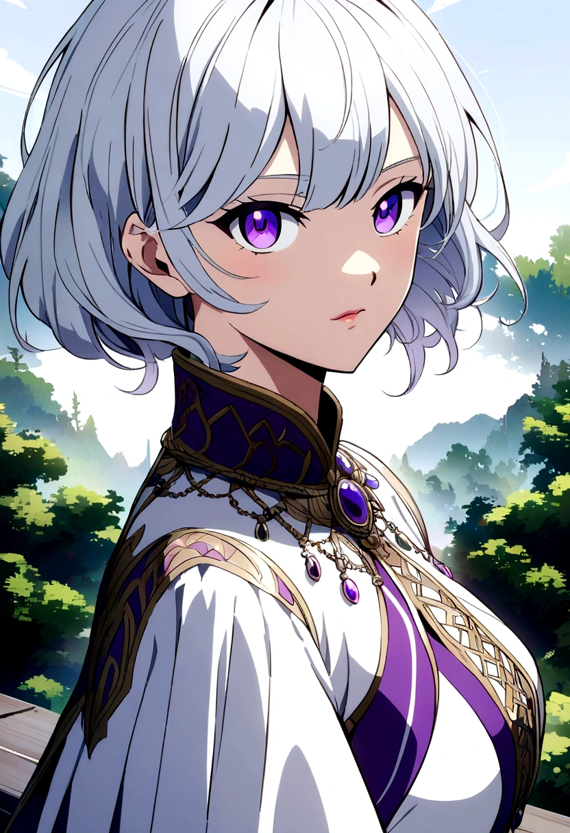 anime style ,purple eyes and silver hair