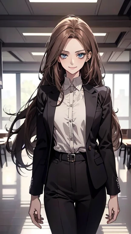(Highest quality,High resolution,Very detailed),1 Girl, Beautiful and elegant light blue eyes, Brown Hair, Cold Smile,Straight long hair tied back, Wearing a black suit, Mature Woman, Age 25,Cruel smile, Calm and Calm, Slim figure, Pale complexion, thin, Calm, In the conference room.