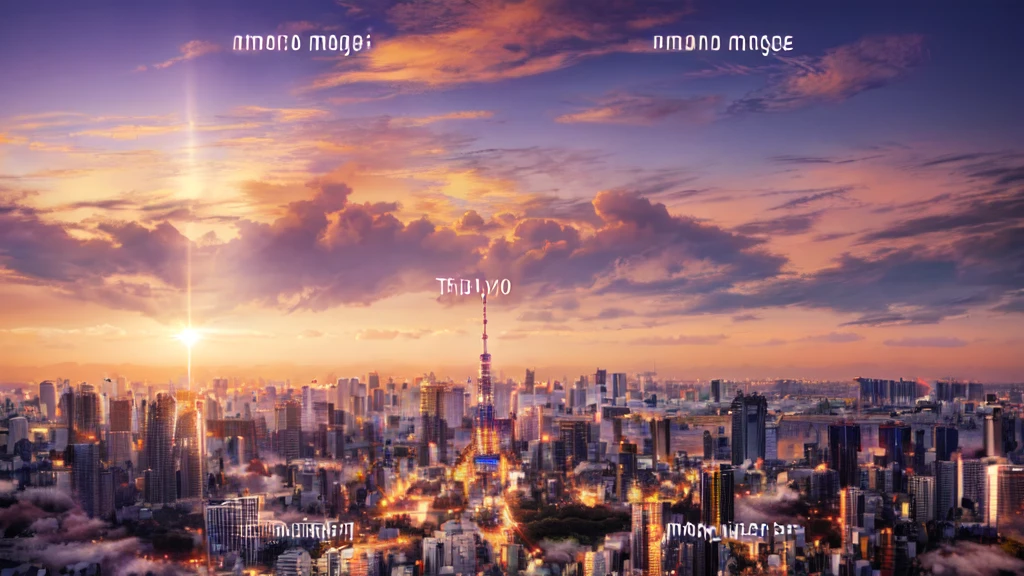 Alafed view of the city with a tall tower in the middle, Tokyo city in the background, Tokyo japan, Tokyo in the background, Tokyo city, medium wide shot, Tokyo, Sunset city view, Soar above the city, 背景には未来的なTokyo, golden hour in Tokyo, City view, Surrounding the city