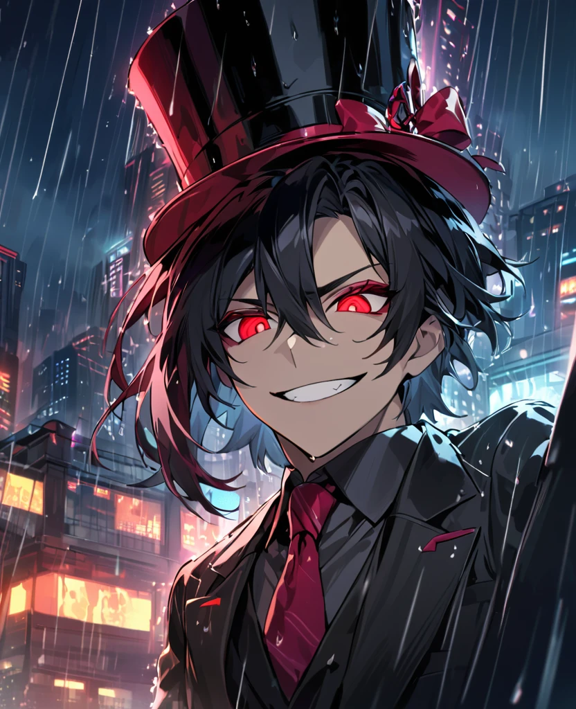 (black_hair), (deep_ruby_eyes), (detailed_eyes), (crazy_smile), (attractive), (night_city_background), (raining), (glowing_eyes), (male), (wearing _a_black_suit), (long_male_hair), (detailed_Hair), (detailed), (detailed_mouth), (Vertical_slit_pupils), (top_hat)