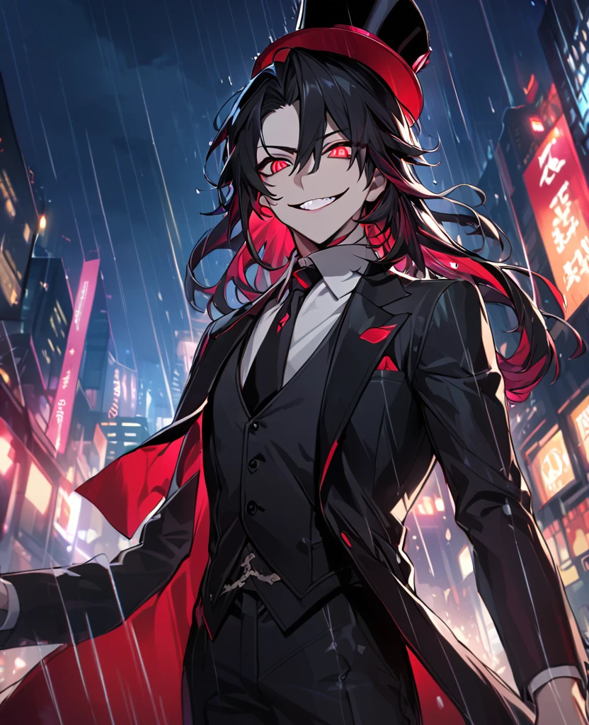  (black_hair), (deep_ruby_eyes), (detailed_eyes), (crazy_smile), (attractive), (night_city_background), (raining), (glowing_eyes), (male), (wearing _a_black_suit), (long_male_hair), (detailed_Hair), (detailed), (detailed_mouth), (Vertical_slit_pupils), (top_hat)