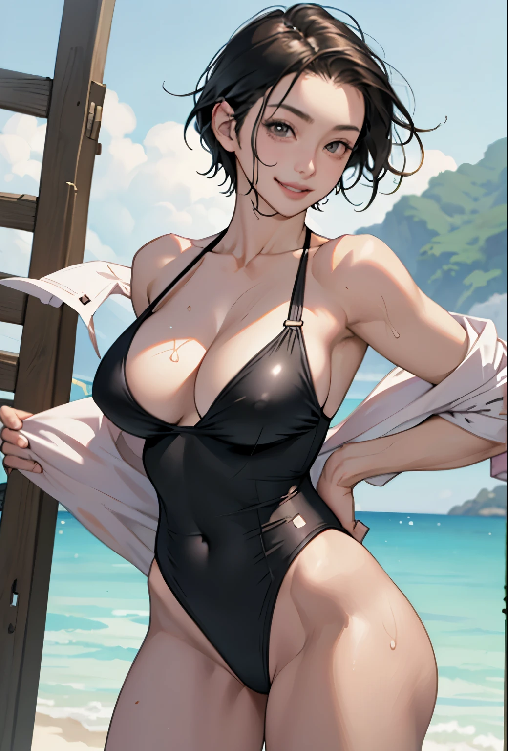 Realistic、Face reality、With a girl、Swimwear、Sexy smile、My breasts have gotten a little bigger、Sexy pose、From the front it looks like a one-piece, but from the back it looks like a mono bikini、