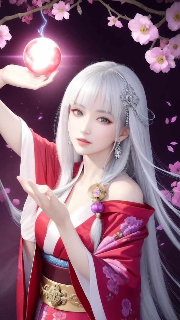 (masterpiece, top quality, 1 female, solo, exquisite details, chromatic aberration), (realistic), (skin), ((breathing)), (silver hair, blunt bangs, cropped straight long hair, short bangs, silver hair), beautiful hair, red headdress, highlights, hair on one eye, beautiful eyes, purple eyes, thick lips, earrings, piercing eyes, ((gold and white kimono)), ((symmetrical eyes)), ((perfectly symmetrical body)), ((perfectly symmetrical hands)), (purerosface_v1:0.3), full moon night, ((self, natural light))), bright lighting, flowers blooming in background, in front of viewer, ((central shot, from the front, (face and shoulders))), mysterious atmosphere, colorful flowers blooming around, bright colored background, shrine maiden in kimono, beautiful shrine maiden, Shrine maiden, fantasy female shrine maiden, female fortune telling shrine maiden, fantasy photography, Japanese style, elegant cinematic fantasy art, fantasy woman, sorceress portrait, powerful wizard surrounded by mystical colorful flowers, holding a glowing heart crystal ball, eyes glowing with mystical energy, spells leaking from her mouth, vibrant sorcery vortexes pulsating with rainbow hues appear in the air, magic permeates, flowers bloom, sacred creatures gaze in awe, threads of magical energy dance, reveal hidden realms, unravel secrets, capture the essence of this enchanting moment and bring to life the mystical power of sorcery on a canvas of the highest quality and finest detail. Top quality, masterpiece, ultra high resolution, (photorealistic: 1.4), RAW photo, sharp focus, high resolution, detailed skin.
Flowers blooming all around, bright colored background, fortune teller in kimono, beautiful fortune teller, fortune teller, fantasy female fortune teller, female fortune teller, fantasy photography, Japanese style, fortune teller in kimono, elegant cinematic fantasy art, fantasy woman, magician portrait, fortune teller, powerful wizard surrounded by mystical colorful flowers, holding a glowing heart c