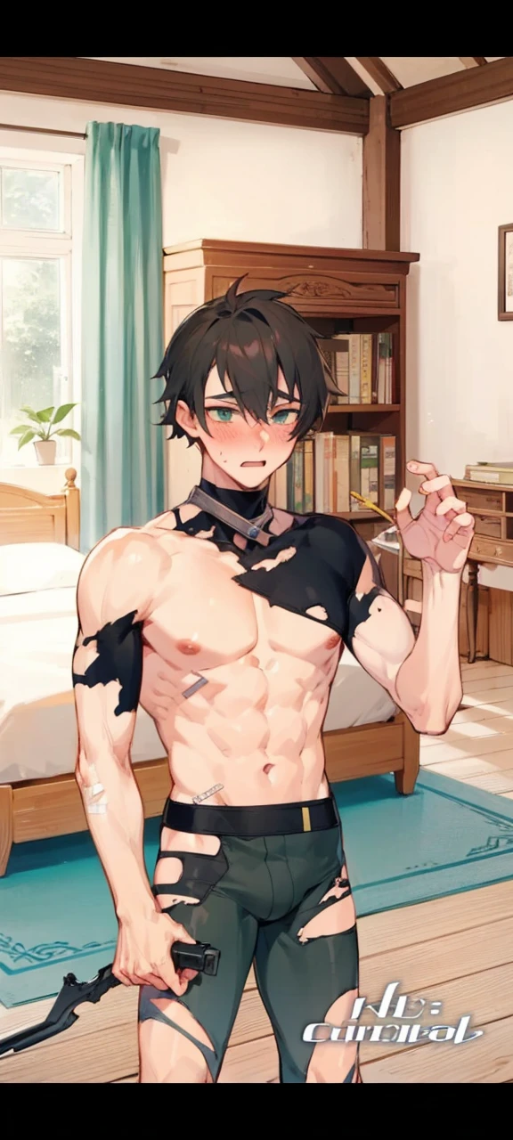 (masterpiece), best quality, expressive eyes, perfect face, perfect eyes, perfect body, 1boy, only 1 Scaramouche, single, husbando, muscular male, cisgender male, masculine, masculine face, anatomically correct, handsome face, hunky, buff Scaramouche, male Scaramouche, mature Scaramouche, Scaramouche from genshin impact, sweaty Scaramouche, drenched in sweat, sole male, solo, alone, muscular biceps, muscular chest, broad shoulders, slave collar, scaramouche wears leather halter connected to a corset, scaramouche wears a leather corset, in bondage, flexing his arms to his side, sitting on a sofa, perfect nipples, exposed chest area