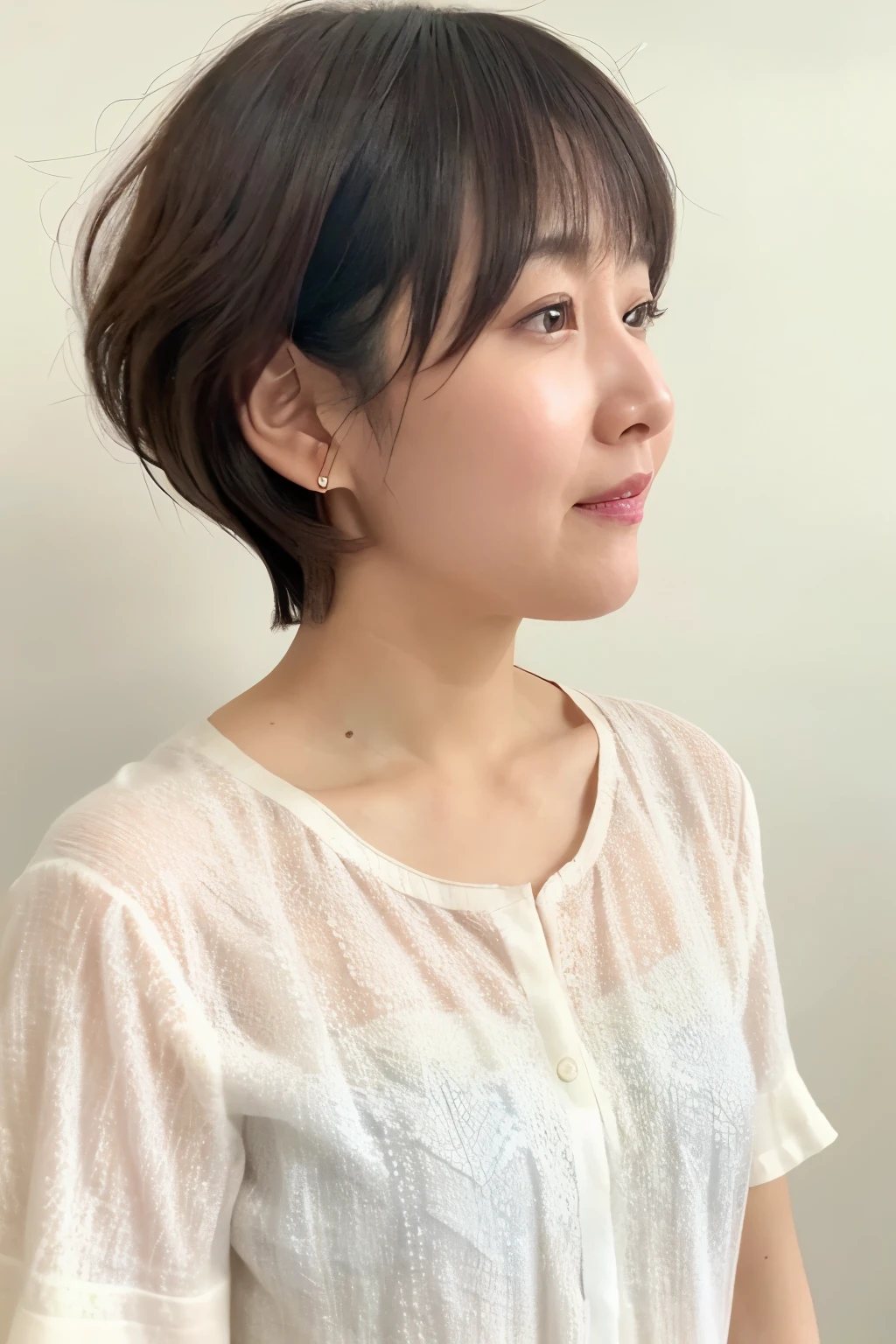 Short sleeve shirt、40A chubby Japanese woman in her thirties、(White wall in the background、Gray hair)、profile、Photographed in front of a white wall、Layered Cut、Very delicate hair、(In a room with white walls and windows)、((Highest quality、8K、masterpiece:1.3))、Ultra-high resolution、(photoGenuineistic:1.4)、RAW Photos、Japanese,(detailed aspects)、Genuine、Photographed in natural light、Highly detailed face and skin texture、Highly detailed lips、The correct state of the human body、Shortcuts、Short Hair、Various poses、Natural color lip
