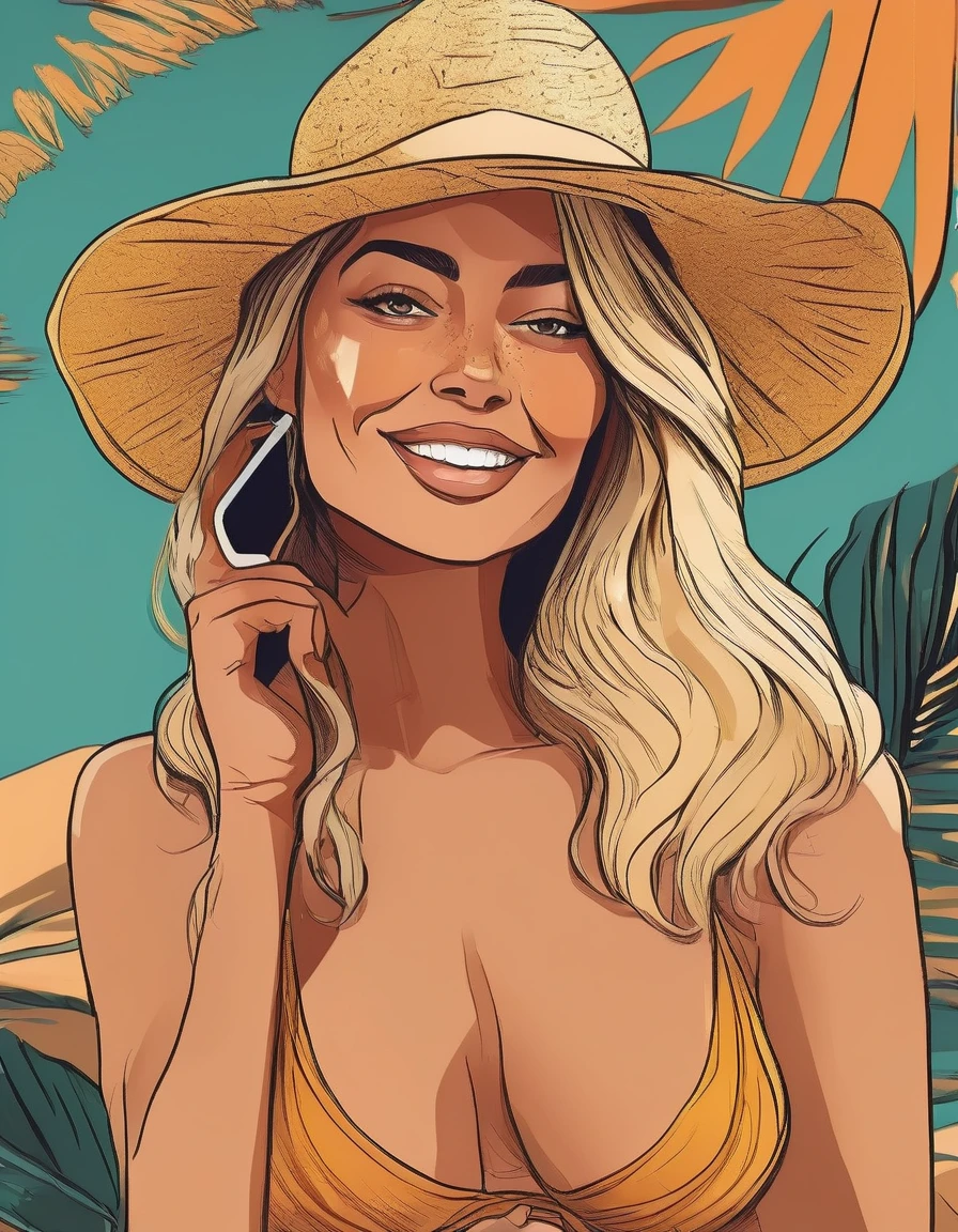 Beautiful latin american woman with tanned skin, freckles, Platinum blonde long hair, wearing a golden bikini with black details, sunhat, (1 Girl), (adult woman), (Full Body), Beautiful face, smiling, sitting on a beach, holding a smartphone in one hand, (Sexy Pose), ((Perfect face)), ((hyper bronze skin)), ((tan skin)), natural light, beautiful lighting, beautiful colors, semi realistic style, ((Beautiful detailed eyes)), ((Beautifull detailed face)), ((high detail)), ((High Definition)), (Flat Colors), (Celshading), (Illustration style), ((Lineart)), ((Perfect Lines))