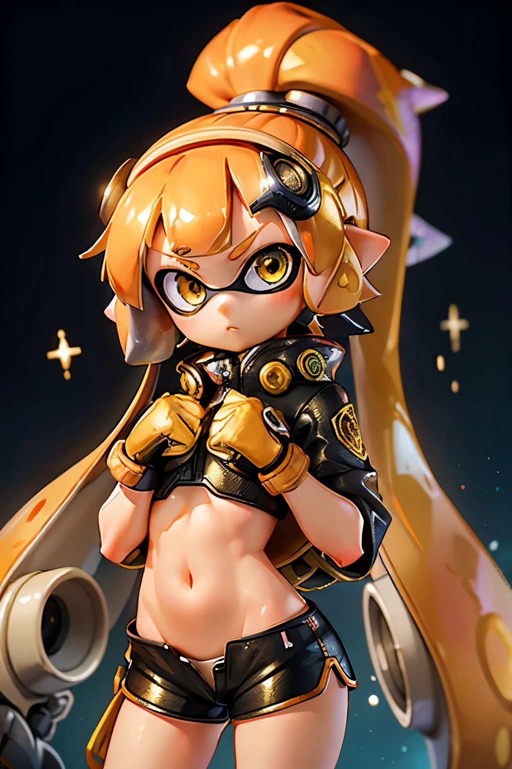 dramatic, Grainy, intense, Splatoon Girl, Dynamic fighting pose, alone, alone focus, (Golden glowing tentacle hair、ponytail), ((wearing blachair armorgloves)), 腕と手だhair鎧、 (Cyberpunk jacket、Previous open jacket、Low-rise shorts), (wearing a shairirt, orange shairirt. pleaded shairirt), (blachair bihairer shorts), modern art, ((Clenched hands, Clenched handss)), forest, Beautiful Face, Beautiful Eyes, (Golden Eyes), Vibrant colors, night, Highest qualityのデジタルアート, Great art, wallpaper 4hair, 8hair, hair, High resolution, An unparalleled masterpiece, Highest quality, whole body, Dynamic Lighting, Cinematic, amazing, Cowboy Shot, Fist Gauntlet. Real Anime、3d、