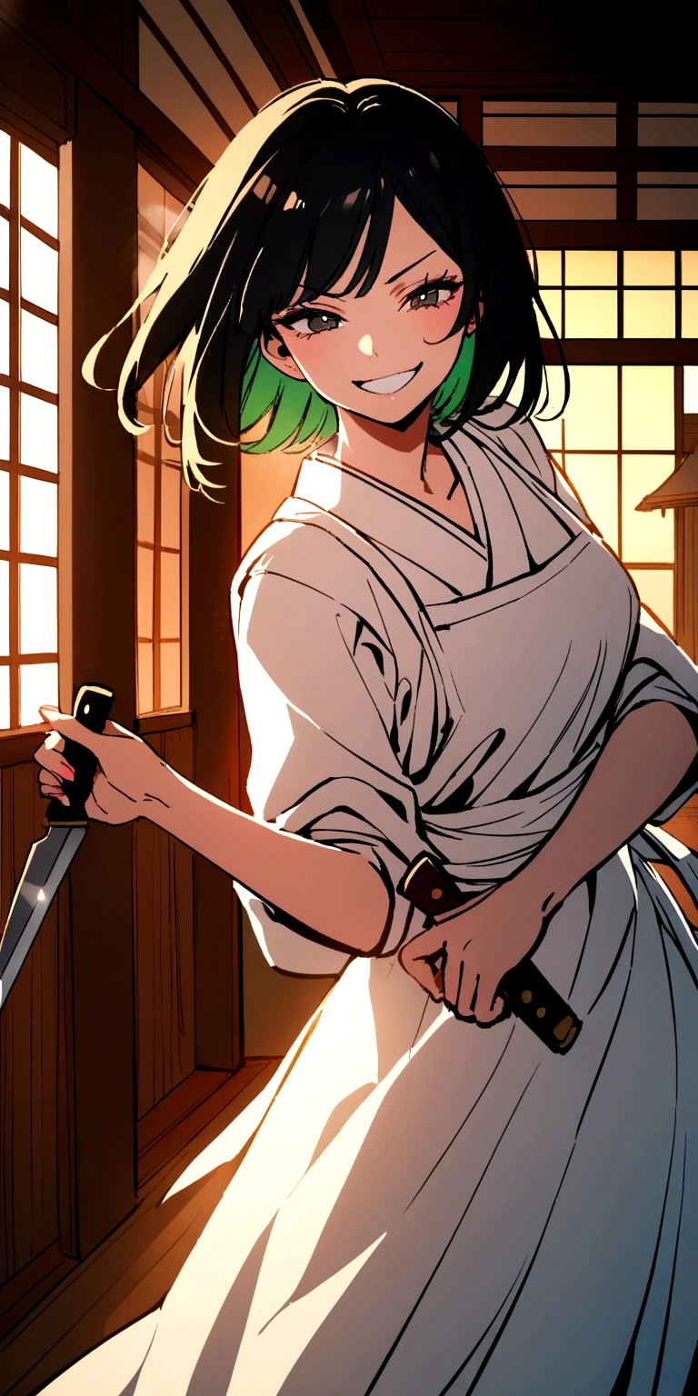 A woman wearing a white apron holding a knife with a manic smile. Short black hair inside a Japanese style house. 