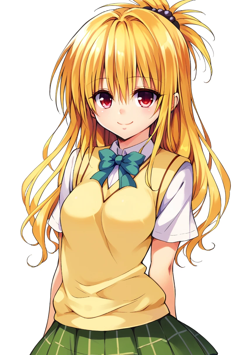 Kentaro Yabuki, love〜fart, ore_9, score_8_superior, score_7_superior BREAK
konjiki no yami, Red eyes, Blonde, Hair Intake, Long Hair, Hair Pod, , skirt, Sweater vest, View your viewers, A light smile, Portraiture,