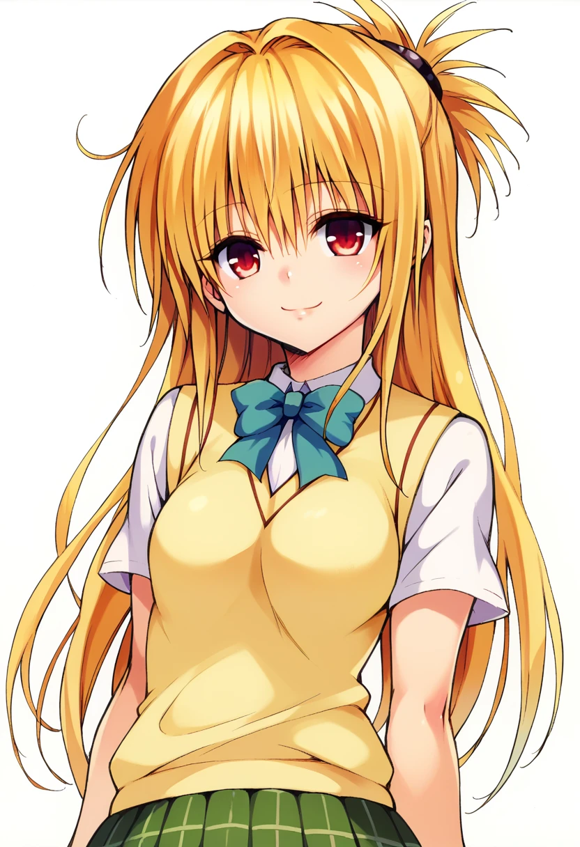Kentaro Yabuki, love〜fart, ore_9, score_8_superior, score_7_superior BREAK
konjiki no yami, Red eyes, Blonde, Hair Intake, Long Hair, Hair Pod, , skirt, Sweater vest, View your viewers, A light smile, Portraiture,