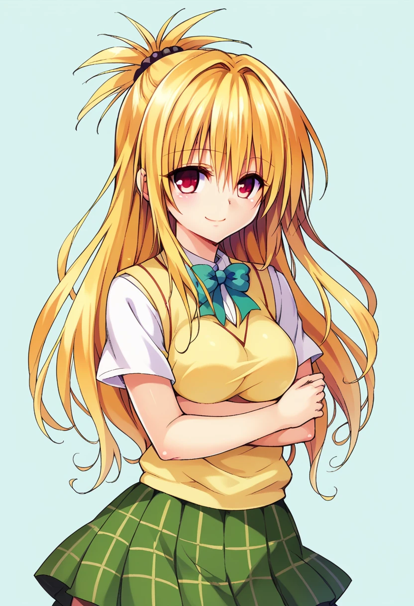 Kentaro Yabuki, love〜fart, ore_9, score_8_superior, score_7_superior BREAK
konjiki no yami, Red eyes, Blonde, Hair Intake, Long Hair, Hair Pod, , skirt, Sweater vest, View your viewers, A light smile, Portraiture,
