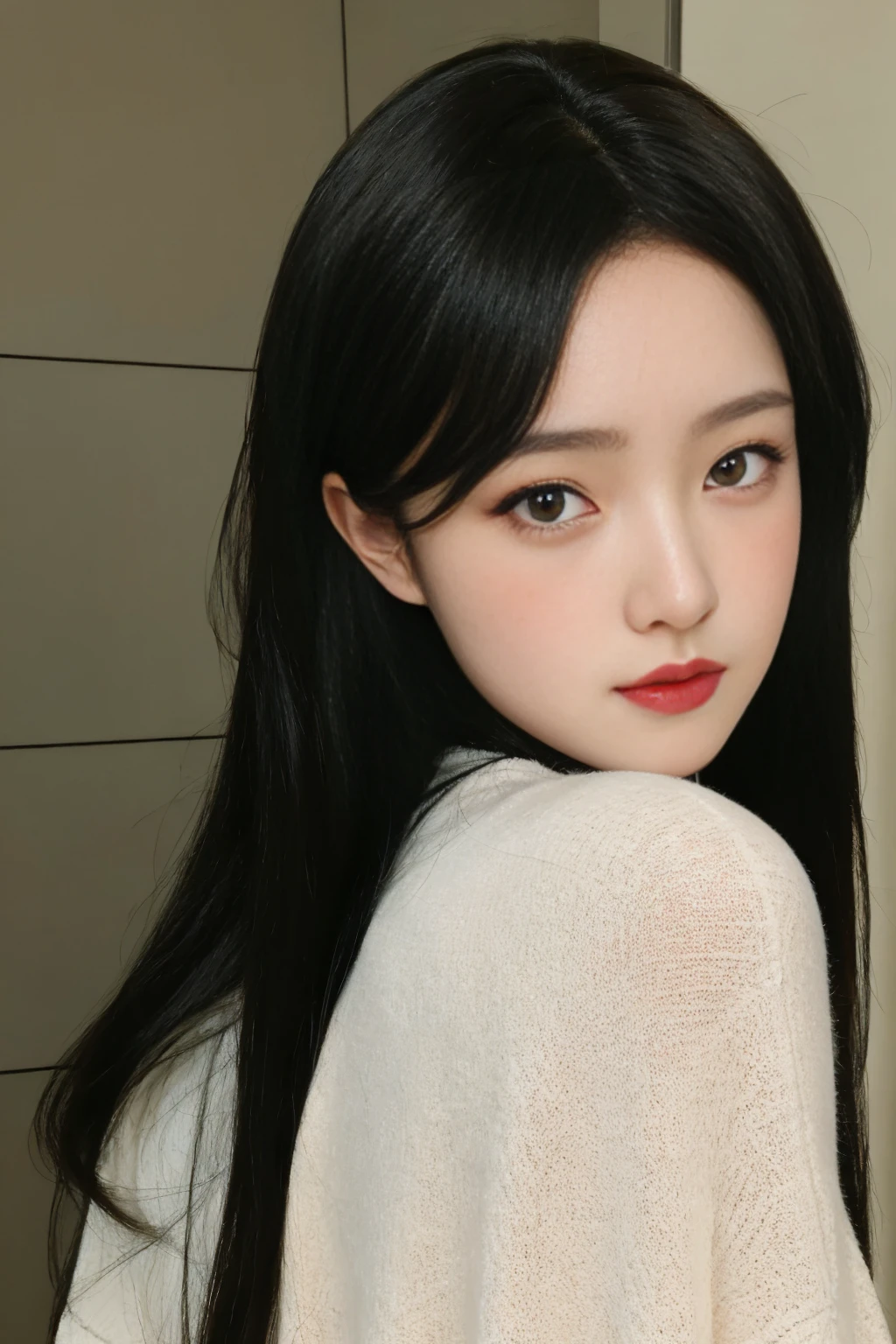 best quality, tmasterpiece,Ultra-high resolution,Clear face,(Reality:1.4),ferpect lighting,(full body), (photorealistic:1.50), anime wallpaper, Guviz style artwork, cover-up fantasy up to magic , by Yang J, Guviz, beautiful artwork illustration, beautiful digital artwork, beautiful digital illustration, Li Song, beautiful anime portrait, art style in Beauvot, 1girl, 独奏, bangs, One braid hair, black hair, Blush, red cheeks, blue eyes, Double eyelids, Long sleeve white t-shirt, Bare shoulders, super Giant breast:1.5, shagging breasts:1.3, Short pencil skirt, standing, room, Background inside the house,