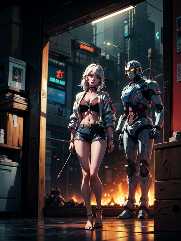 Boutique,best quality,Gold jewelry,(slip out feet),Fairy skin,(Fidelity :1.2),Standing,Super Detailed,realistic,High quality,Movie Light,Ray tracking,Ultra HD,Upper body
Girl in shorts and jacket standing next to giant robot, Guweiz style artwork, CyberPunk mech, Trends on CGSTATION, Guweiz, Russell Dongjun Lu, digital cyberpunk anime art, Ross Tran 8 K, Guweiz on ArtStation Pixiv, Girl in mecha network armor sultry look, seductive,