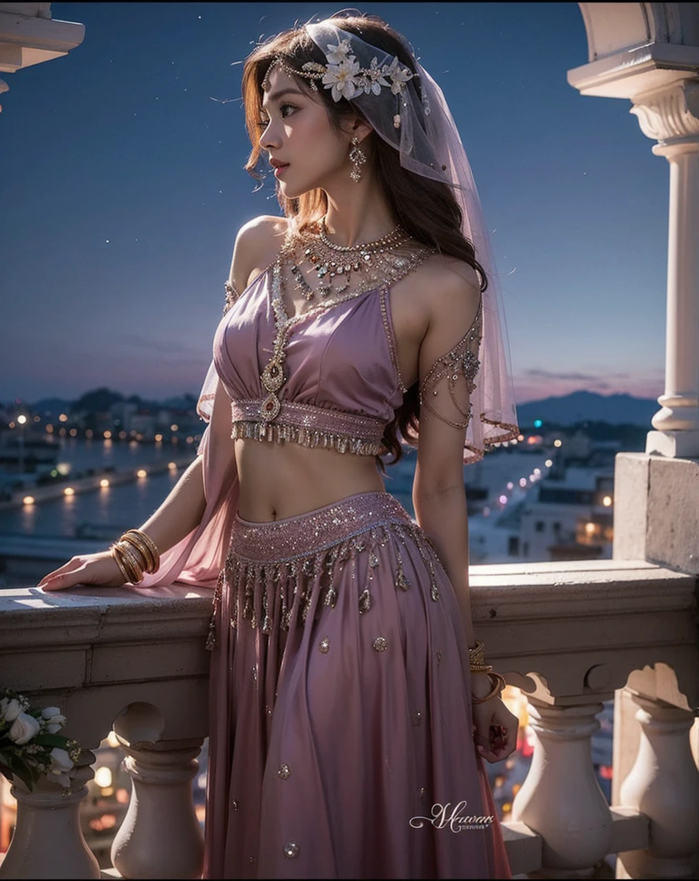 Beautiful Japanese waifu, early 30s, brunette hair, purple Indian wedding dress, in balcony