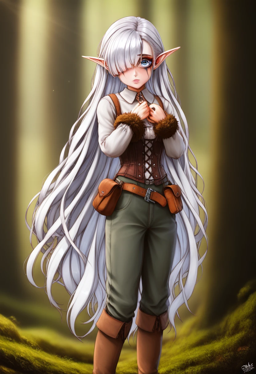 masterpiece, best quality, extremely detailed 8K wallpaper, 1girl, outdoors, Helena(Azur lane), layered dress, it looks even more beautiful than immortal, colored contact lenses, blush, high detail, anime, romanticism, modern, gothic art, anime style, film lighting, ray tracing, motion rye, close-up, sony fe gm, uhd, high detail, top quality, 8k, clean fingers, well-formed fingers, mdnn, (sharp focus:1.2), portrait, attractive young woman, (beautiful face:1.1), detailed eyes, luscious lips, (eye makeup:1.2), (tight body:1.2). (morning sun lighting:1.2), depth of field, bokeh, 4K, HDR. by (James C. Christensen:1.2|Jeremy Lipking:1.1) a small gnome girl with pale skin, very long wavy silver hair covering one eye, bright blue anime-style eyes with long lashes, wearing a corset, white puffy long sleeved shirt, and puffy cloth pants, leather bound boots, set in a windy fantasy landscape, (best quality, 4k, 8k, highres, masterpiece :1.2),ultra-detailed,dungeons and dragons, long elf ears, detailed skin and cloth textures, cute detailed face, intricate details, extremely detailed, 1girl, dynamic pose with hair covering one eye, shy personality, puffy cloth pants with leather belt, detailed privateer outfit, detailed buccaneer outfit, pouch on belt, wearing ornate leather armor with fur trim, silver inlay detail, wearing fur trimmed boots, wearing fur trimmed gloves, short, short height, halfing girl, small girl, very long detailed flowing hair, big head, big round eyes, windy, wind blown hair, wirey muscles, fighter, dynamic angle, kineticist, pathfinder, pathfinder kineticist, wind kineticist, pouty lips