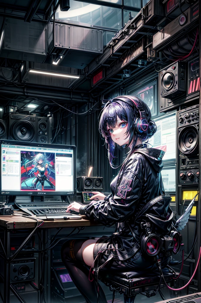 (​masterpiece、top-quality、8K )、Bird View、Overhead view camera work、Anime slender sitting at inorganic table on laptop with colorful hair and headphones, creature,Lightning, Neon rays, Beauty, Futuristic modern, Rock star, lock, urgent, Perfect, epicd, Bright colors, Volume Lighting, Best Shadows, Shallow depth of field, (of the highest quality, Amazing details: 1,25), Brilliant Colorful Paintings, Fancy, Magic, flicker, Glare, Neon Garland,intricate detailes,ultra-detailliert、one girls、Grinning 、(Live Stage:1.3),(turntable、Mixing Machine、Sampling Machine、Rhythm Box、mixer,synthesizer、Monitors:1.2),Stage Live Background、Spotlight from behind、Hyper realistic,Perfect Anatomy