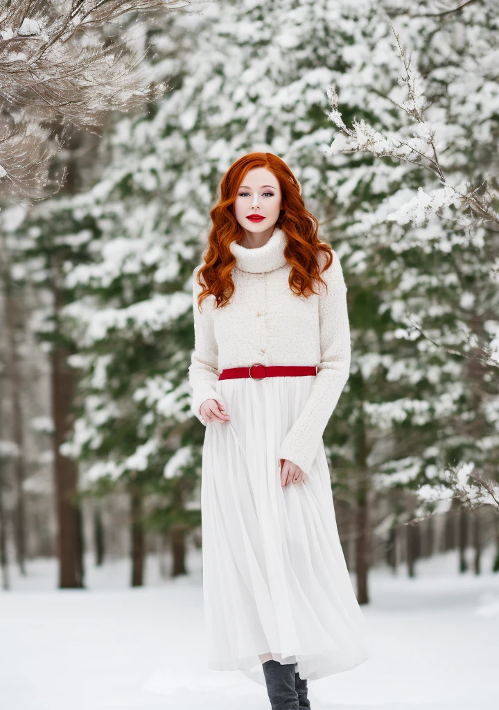 A woman standing in front of a white tree on the snow watching in a white dress red hair red eyes black lips pale skin 