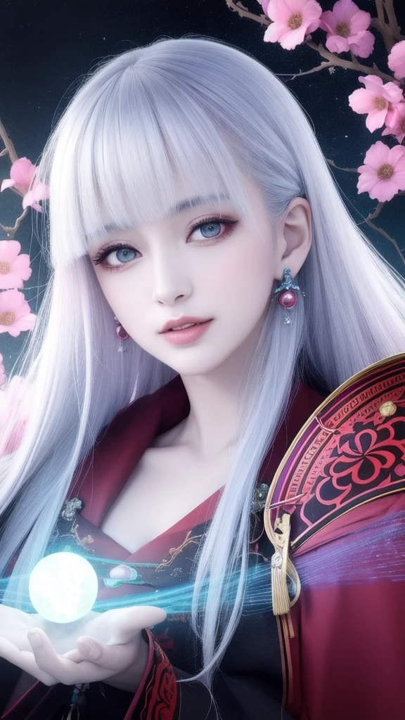 (masterpiece, top quality, 1 female, solo, exquisite details, chromatic aberration), (realistic), (skin), ((breathing)), (silver hair, blunt bangs, short cut straight long hair, short cut bangs, silver hair), beautiful hair, red headdress, blue highlights, hair over one eye, cute eyes,purple eyes, thick lips, earrings, piercing eyes, ((gold and white kimono)), ((symmetrical eyes)), ((perfectly symmetrical body)), ((perfectly symmetrical hands)), (purerosface_v1:0.3), night, (((self, natural light))), bright lighting, flowers blooming in the background, front of viewer, ((central shot, from the front, (face and waist))), mysterious atmosphere, flowers blooming around, light colored background, fortune teller in kimono, beautiful fortune teller, fortune teller, fantasy female fortune teller, female fortune teller, f Fantasy photography, magician, witch fairy tale, Japanese style, elegant cinematic fantasy art, fantasy woman, magician portrait, casting a spell, fortune teller, A powerful wizard stands in a mysterious forest, fluttering robes adorned with symbols, holding a glowing heart crystal ball, eyes glowing with mystical energy, spells leaking from his mouth, vivid swirling patterns of black magic pulsating in hues of red and blue appear in the air, magic permeates, flowers bloom and sacred creatures gaze in awe, threads of magical energy dance, revealing hidden realms and unravelling secrets, capturing the essence of this enchanting moment and bringing to life the mysterious power of black magic on a canvas of the highest quality and finest detail. Top Quality, Masterpiece, Ultra High Resolution, (Photorealistic: 1.4), RAW Photo, Sharp Focus, High Resolution, Detailed Skin, .