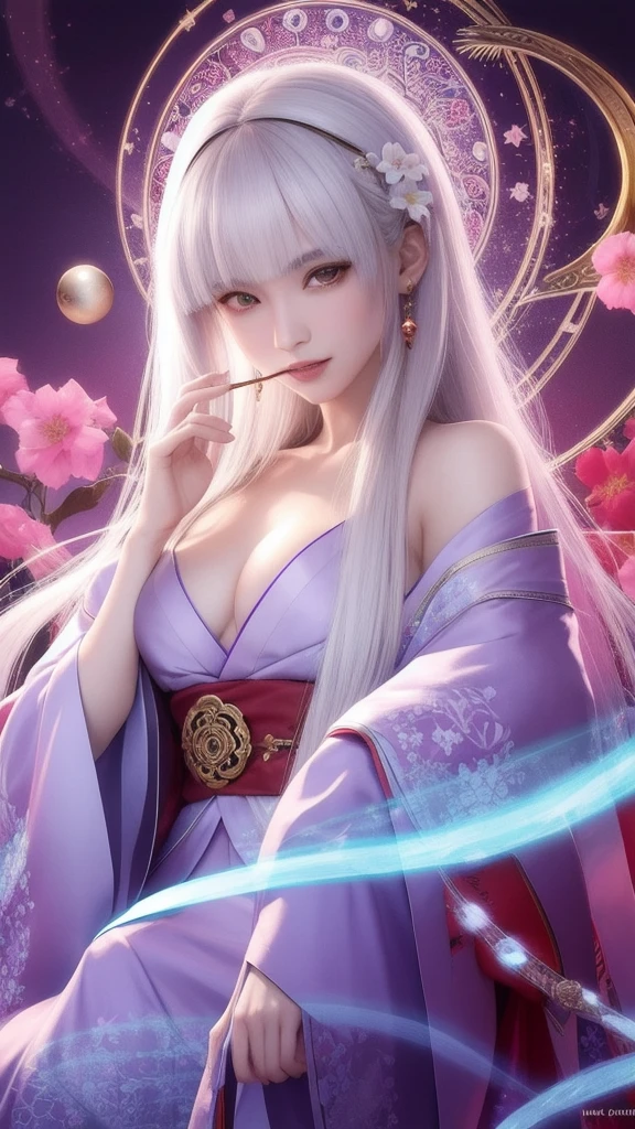 (masterpiece, top quality, 1 female, solo, exquisite details, chromatic aberration), (realistic), (skin), ((breathing)), (silver hair, blunt bangs, cropped straight long hair, short bangs, silver hair), beautiful hair, red headdress, highlights, hair on one eye, beautiful eyes, purple eyes, thick lips, earrings, piercing eyes, ((gold and white kimono)), ((symmetrical eyes)), ((perfectly symmetrical body)), ((perfectly symmetrical hands)), (purerosface_v1:0.3), full moon night, ((self, natural light))), bright lighting, flowers blooming in background, in front of viewer, ((central shot, from the front, (face and shoulders))), mysterious atmosphere, colorful flowers blooming around, bright colored background, shrine maiden in kimono, beautiful shrine maiden, Shrine maiden, fantasy female shrine maiden, female fortune telling shrine maiden, fantasy photography, Japanese style, elegant cinematic fantasy art, fantasy woman, sorceress portrait, powerful wizard surrounded by mystical colorful flowers, holding a glowing heart crystal ball, eyes glowing with mystical energy, spells leaking from her mouth, vibrant sorcery vortexes pulsating with rainbow hues appear in the air, magic permeates, flowers bloom, sacred creatures gaze in awe, threads of magical energy dance, reveal hidden realms, unravel secrets, capture the essence of this enchanting moment and bring to life the mystical power of sorcery on a canvas of the highest quality and finest detail. Top quality, masterpiece, ultra high resolution, (photorealistic: 1.4), RAW photo, sharp focus, high resolution, detailed skin.
Flowers blooming all around, bright colored background, fortune teller in kimono, beautiful fortune teller, fortune teller, fantasy female fortune teller, female fortune teller, fantasy photography, Japanese style, fortune teller in kimono, elegant cinematic fantasy art, fantasy woman, magician portrait, fortune teller, powerful wizard surrounded by mystical colorful flowers, holding a glowing heart c