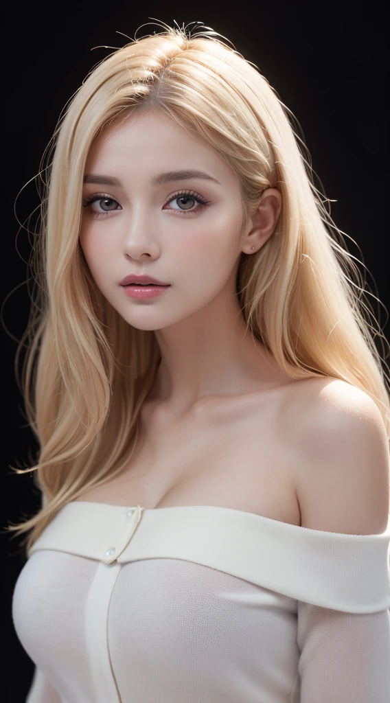 (((((White BlondeのLong Hair、Long Hair、超Long Hair、Off-the-shoulder blouse、hot pants、Fluffy Wave、White Blonde、Gal、beauty、Well-groomed face、Nordic、beautiful girl、Black background、Russia、Northern Europe))))), Highest quality, shape, Very detailed, finely, High resolution, 8k wallpaper, 完璧なダイナミックな構shape, finelyて美しい目,  Natural Lip , Big Breasts, Random sexy poses,