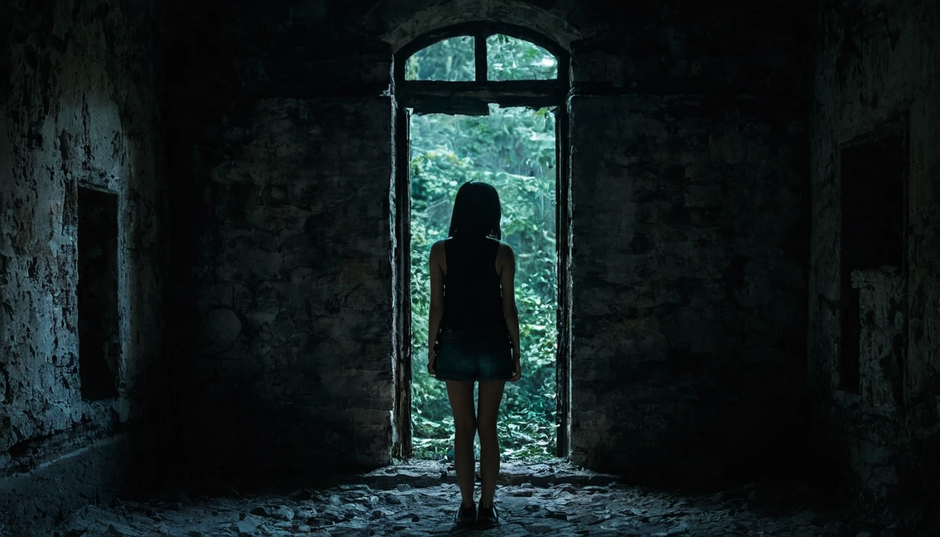 Standing in a dimly lit ruin、A photo showing the back of a girl