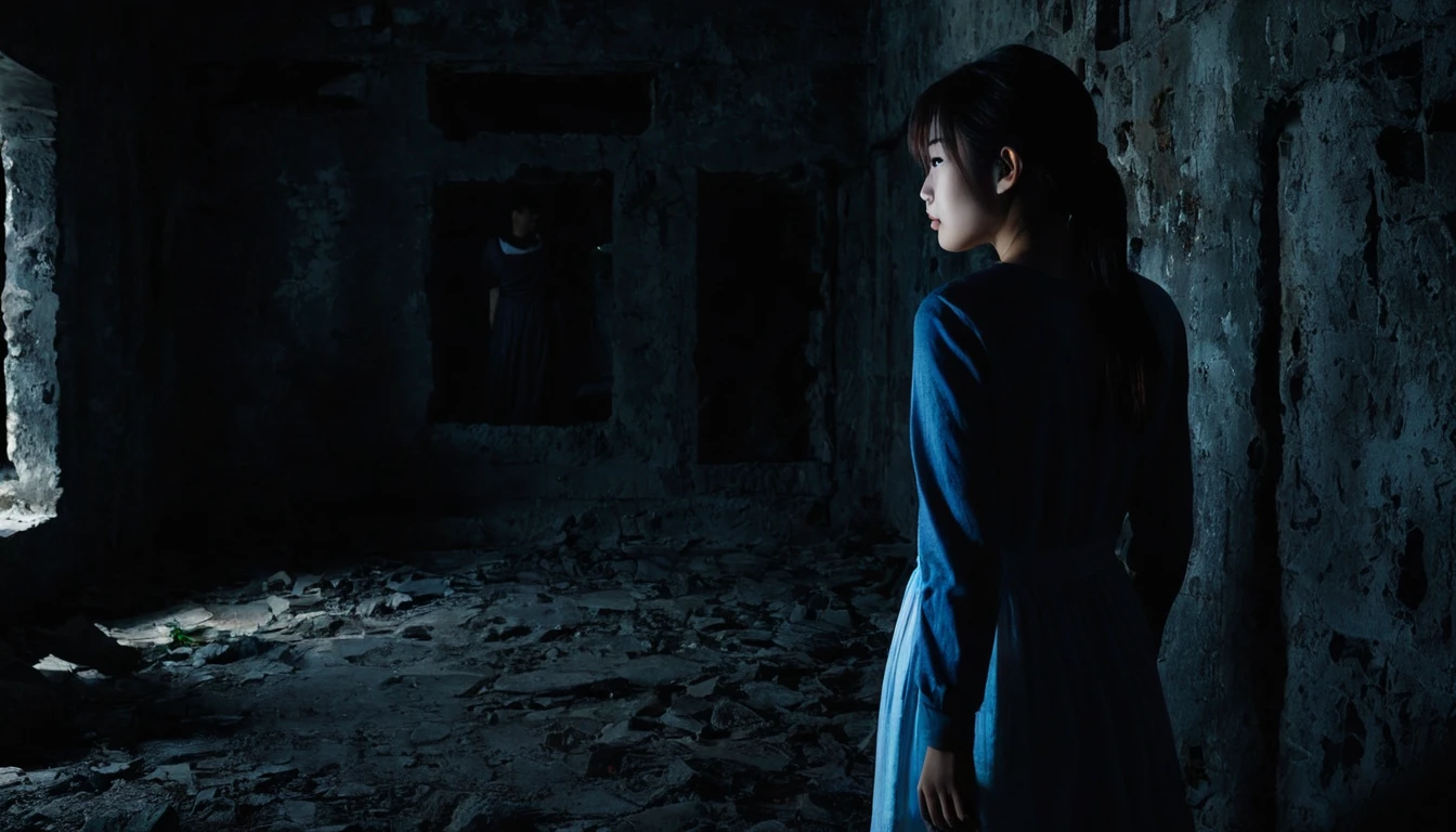 Standing in a dimly lit ruin、A photo showing the back of a girl