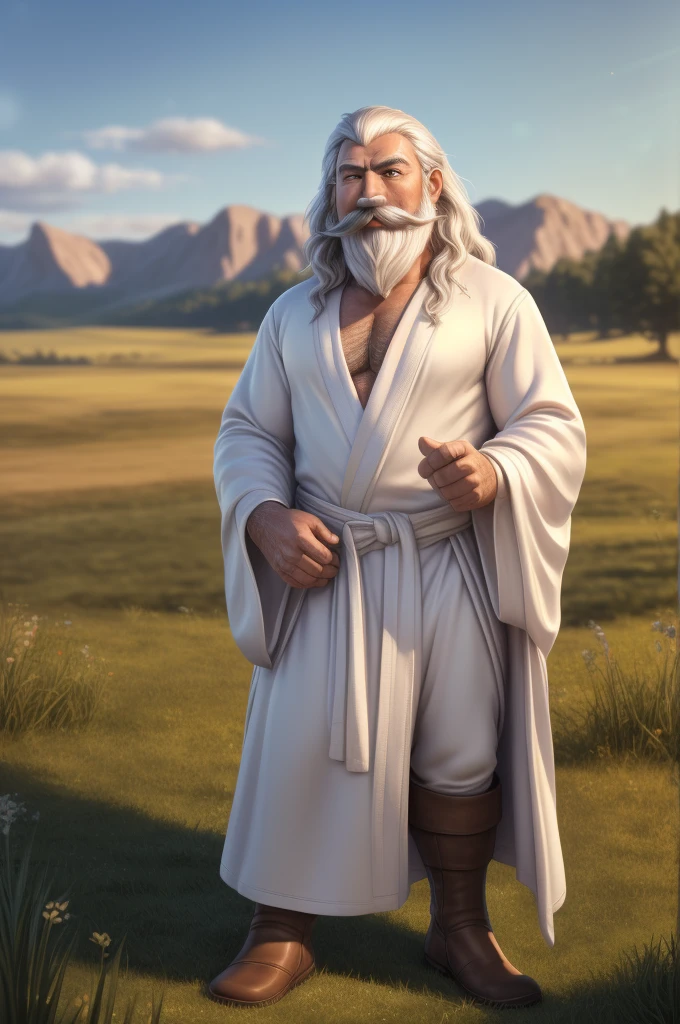 Gandalf, (pose:Full Body Shot), (posing:Full Body Shot), (soft shading), (((4k, hi res, Ray tracing))), (((five fingers, detailed hands))), ((detailed face, (detailed eyes:1.0), detailed)), by zackarry911, by zaush, (by personalami:0.5), looking at viewer, (((happy,flirting eyes))), (((old and wise))), (((Highly detailed hair))), standing,(((standing))),((( Mustache,beard))) ,male focus, white hair, (((handsome))), nature, // ((human)),(((white Robe,white shirt, brown longpant, brown boot))),((Human, looking at viewer)),((grassy field background, lens blur, lens flare)),
