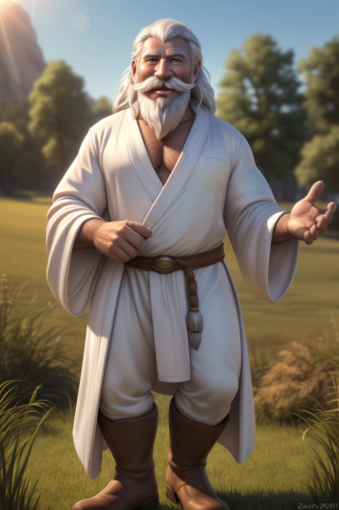 Gandalf, (pose:Full Body Shot), (posing:Full Body Shot), (soft shading), (((4k, hi res, Ray tracing))), (((five fingers, detailed hands))), ((detailed face, (detailed eyes:1.0), detailed)), by zackarry911, by zaush, (by personalami:0.5), looking at viewer, (((happy,flirting eyes))), (((old and wise))), (((Highly detailed hair))), standing,(((standing))),((( Mustache,beard))) ,male focus, white hair, (((handsome))), nature, // ((human)),(((white Robe,white shirt, brown longpant, brown boot))),((Human, looking at viewer)),((grassy field background, lens blur, lens flare)),