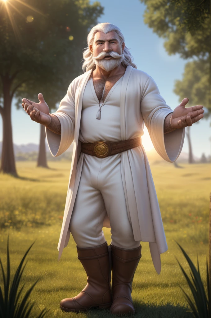 Gandalf, (pose:Full Body Shot), (posing:Full Body Shot), (soft shading), (((4k, hi res, Ray tracing))), (((five fingers, detailed hands))), ((detailed face, (detailed eyes:1.0), detailed)), by zackarry911, by zaush, (by personalami:0.5), looking at viewer, (((happy,flirting eyes))), (((old and wise))), (((Highly detailed hair))), standing,(((standing))),((( Mustache,beard))) ,male focus, white hair, (((handsome))), nature, // ((human)),(((white Robe,white shirt, brown longpant, brown boot))),((Human, looking at viewer)),((grassy field background, lens blur, lens flare)),
