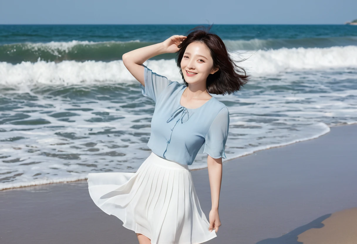 blue,Beach with white waves, Clear picture quality, Beautiful 36-year-old short Korean woman, Chest size 34 inches, Wear white short sleeves and sleeveless tops, lightweight mid length skirt. beautiful pretty woman look , wearing a light skirt , Go far and dip your toes in the waves. Short medium hair blowing in the wind, 1 woman, beautiful eyes, Smiling, Full-body photo taken from afar with a wide-angle lens, The background is clean and perfect., the waves are coming, short woman
