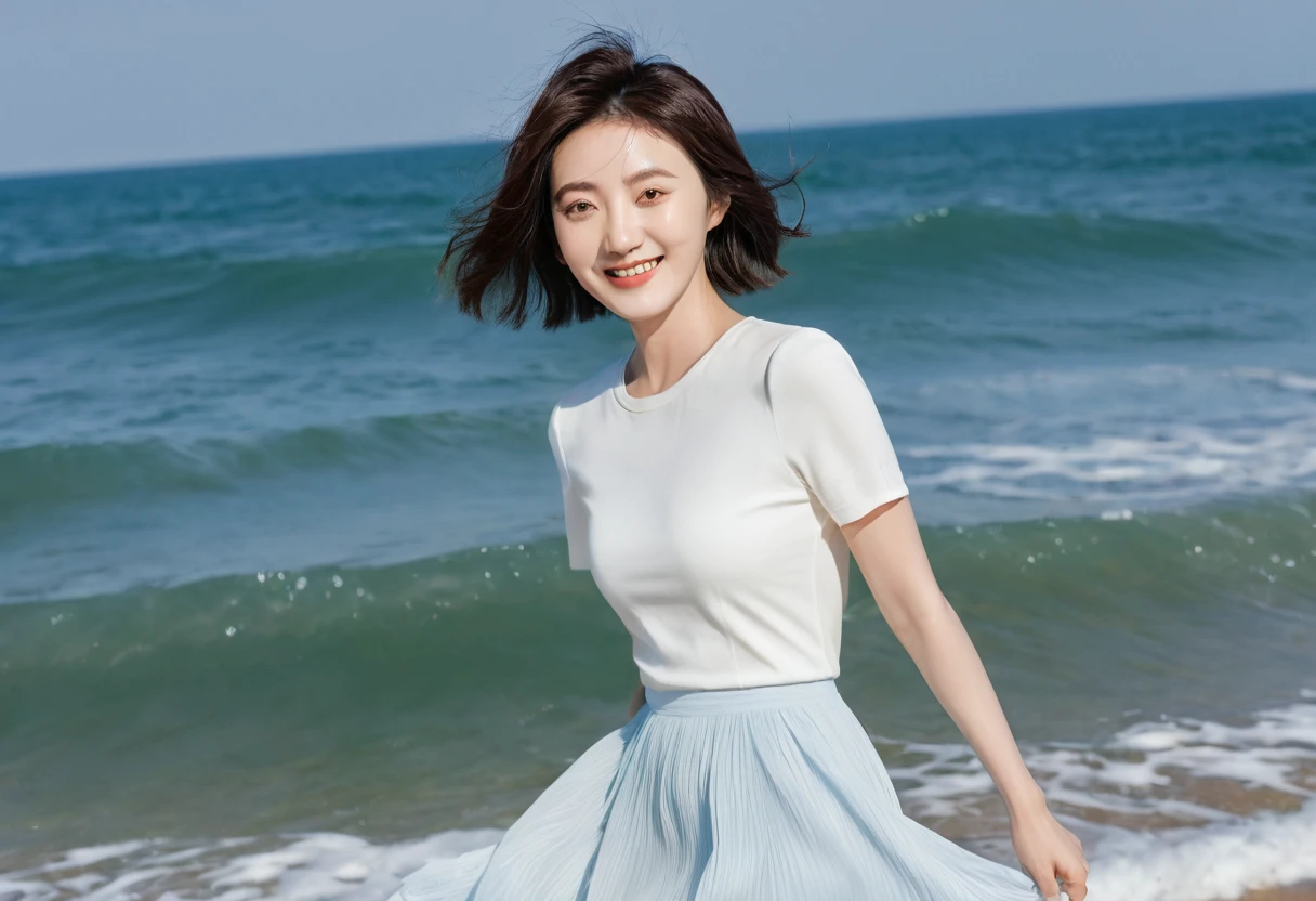 blue，Beach with white waves, Clear picture quality, Beautiful 36-year-old short Korean woman, Chest size 34 inches, Wear white short sleeves and sleeveless tops, lightweight mid length skirt. beautiful pretty woman look , wearing a light skirt , Go far and dip your toes in the waves. Short medium hair blowing in the wind, 1 woman, beautiful eyes, Smiling, Full-body photo taken from afar with a wide-angle lens, The background is clean and perfect., the waves are coming, short woman