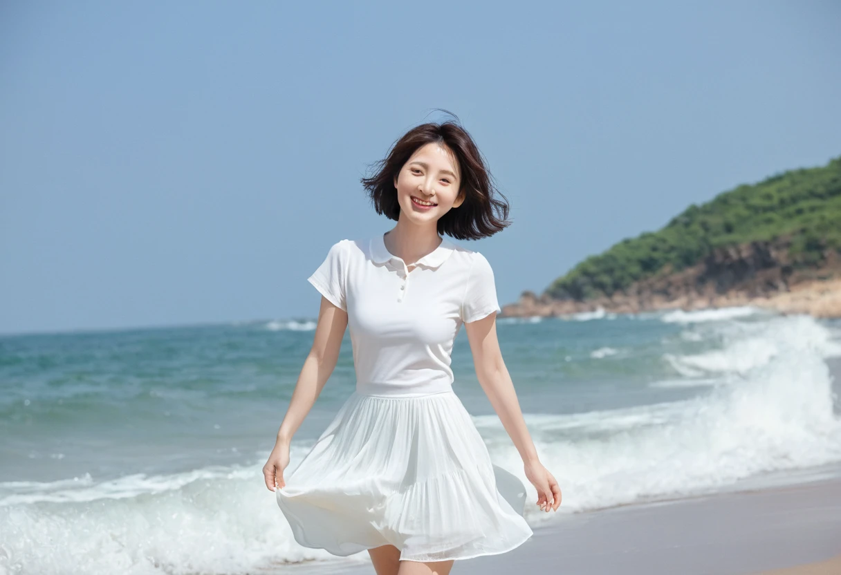 blue，Beach with white waves, Clear picture quality, Beautiful 36-year-old short Korean woman, Chest size 34 inches, Wear white short sleeves and sleeveless tops, lightweight mid length skirt. beautiful pretty woman look , wearing a light skirt , Go far and dip your toes in the waves. Short medium hair blowing in the wind, 1 woman, beautiful eyes, Smiling, Full-body photo taken from afar with a wide-angle lens, The background is clean and perfect., the waves are coming, short woman